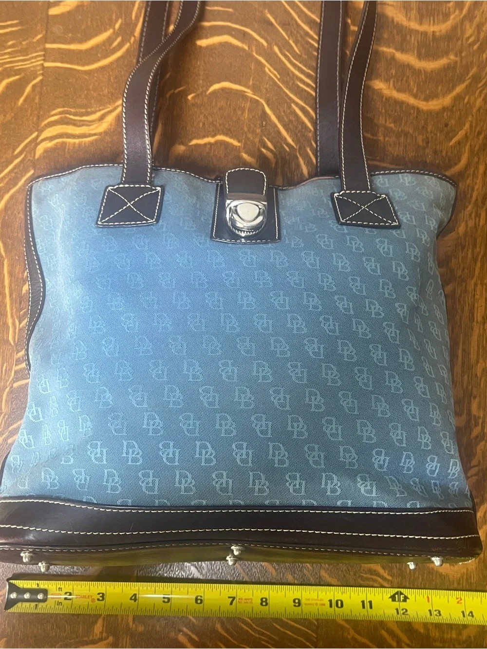 Dooney & Bourke Blue Logo Canvas Tote with Dark Brown Leather Trim Y2K Purse.